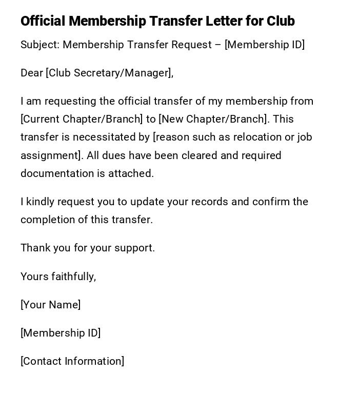 Official Membership Transfer Letter for Club