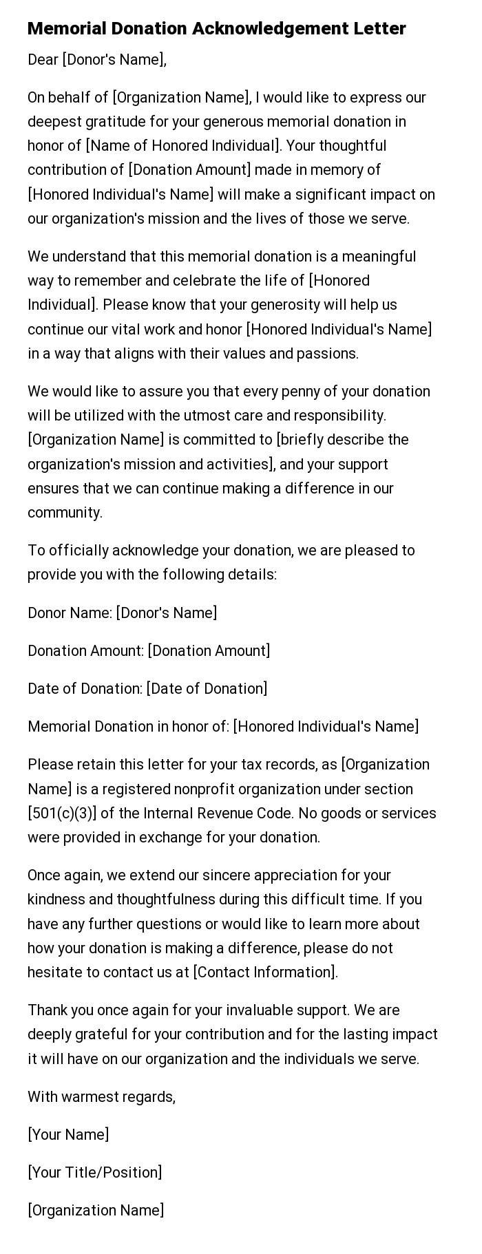 Memorial Donation Acknowledgement Letter
