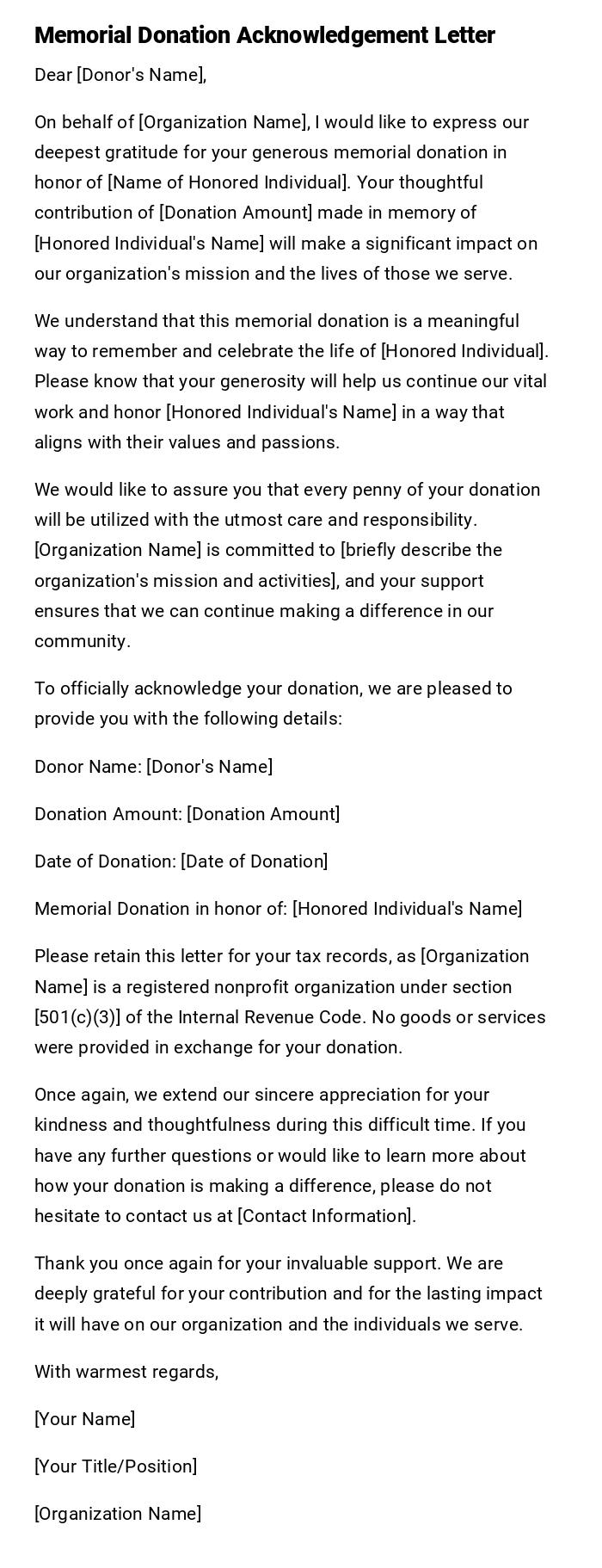 Memorial Donation Acknowledgement Letter