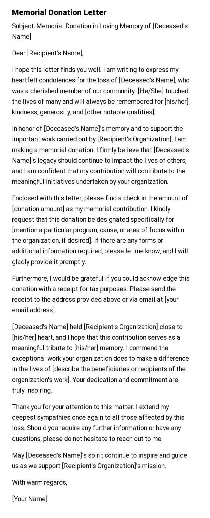 Memorial Donation Letter