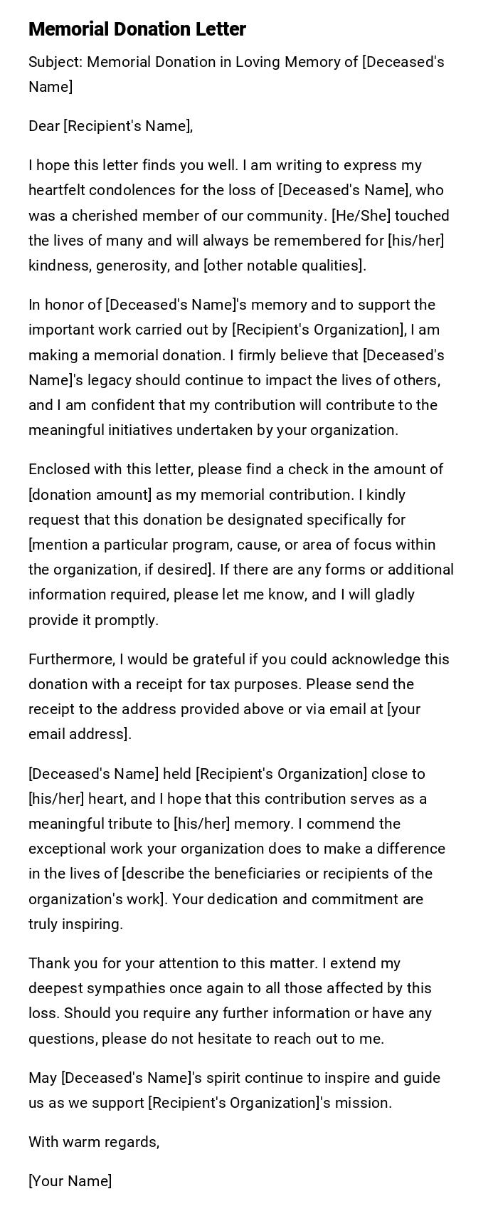 Memorial Donation Letter