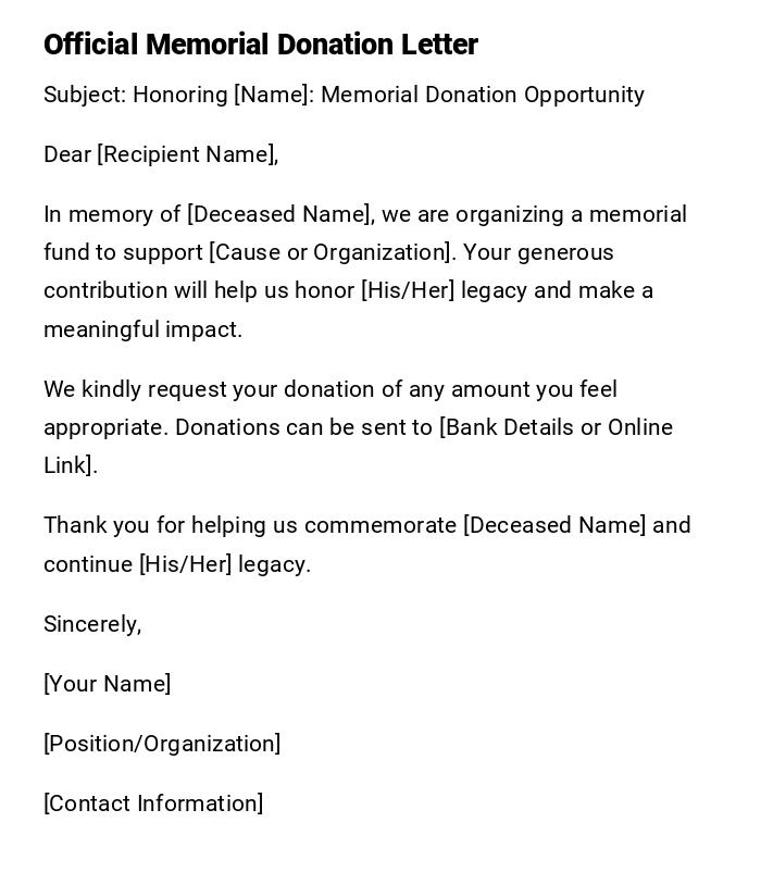 Official Memorial Donation Letter