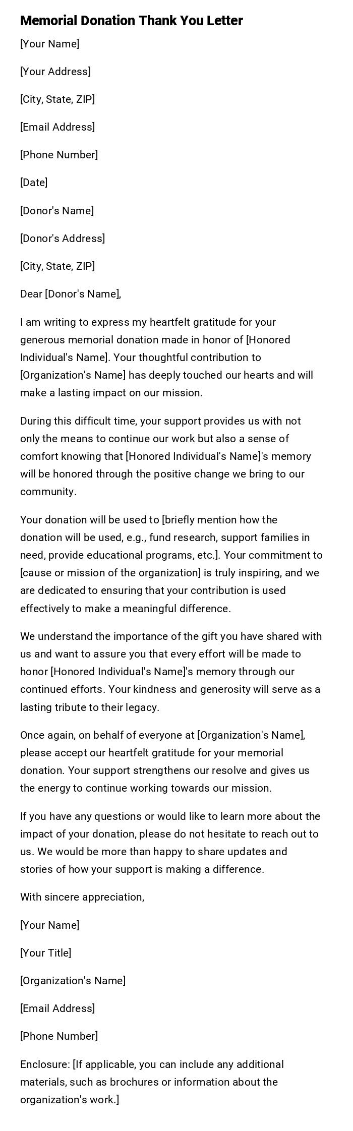 Memorial Donation Thank You Letter