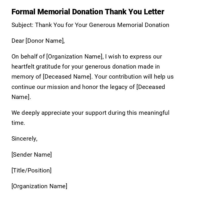Formal Memorial Donation Thank You Letter Formal Memorial Donation Thank You Letter