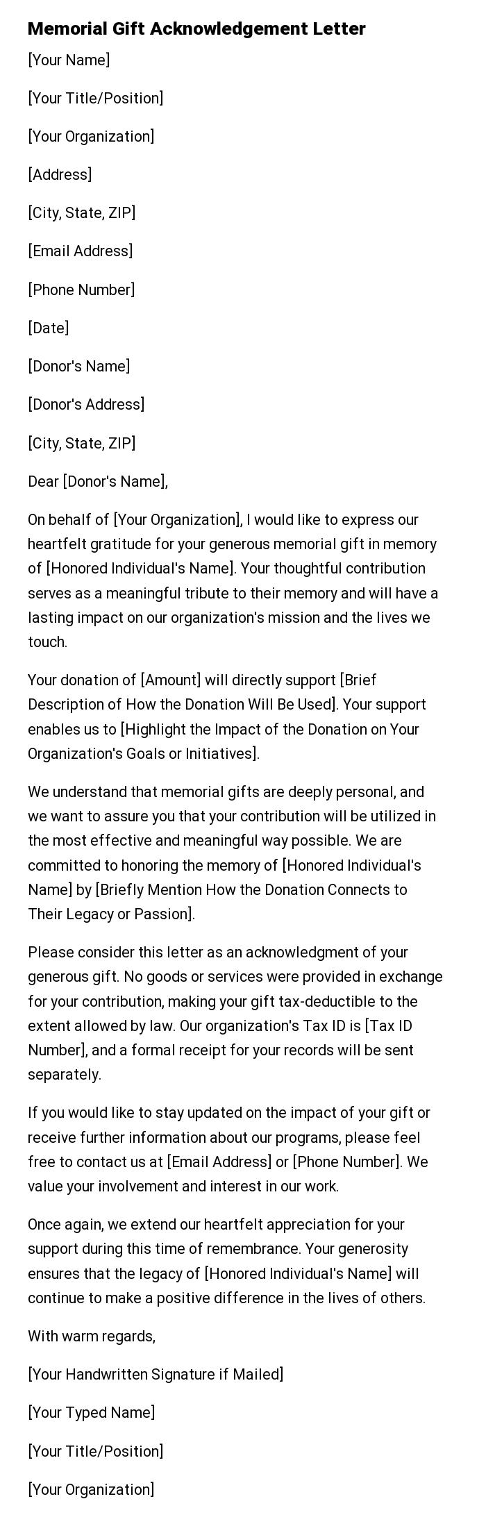 Memorial Gift Acknowledgement Letter