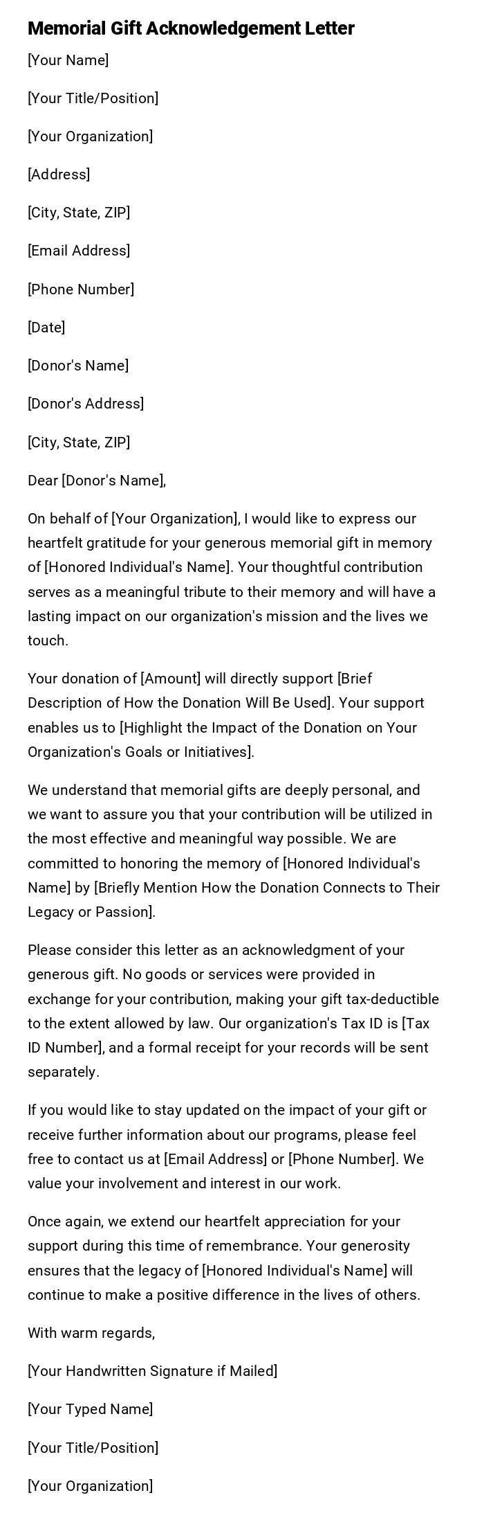 Memorial Gift Acknowledgement Letter