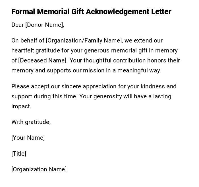Formal Memorial Gift Acknowledgement Letter Formal Memorial Gift Acknowledgement Letter
