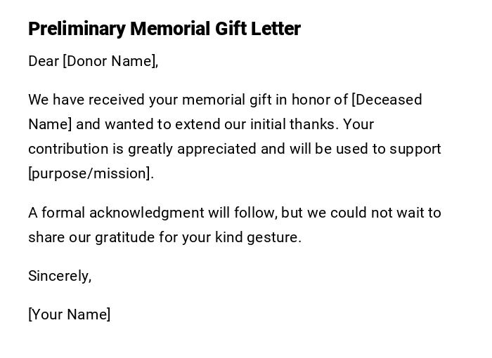 Preliminary Memorial Gift Letter Preliminary Memorial Gift Letter