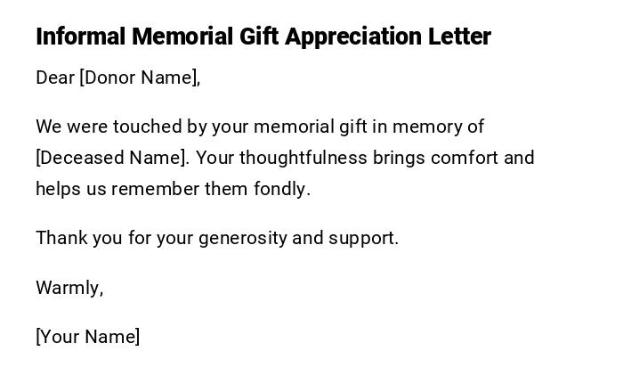 Informal Memorial Gift Appreciation Letter Informal Memorial Gift Appreciation Letter