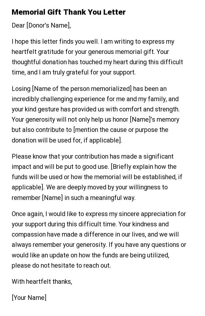 Memorial Gift Thank You Letter