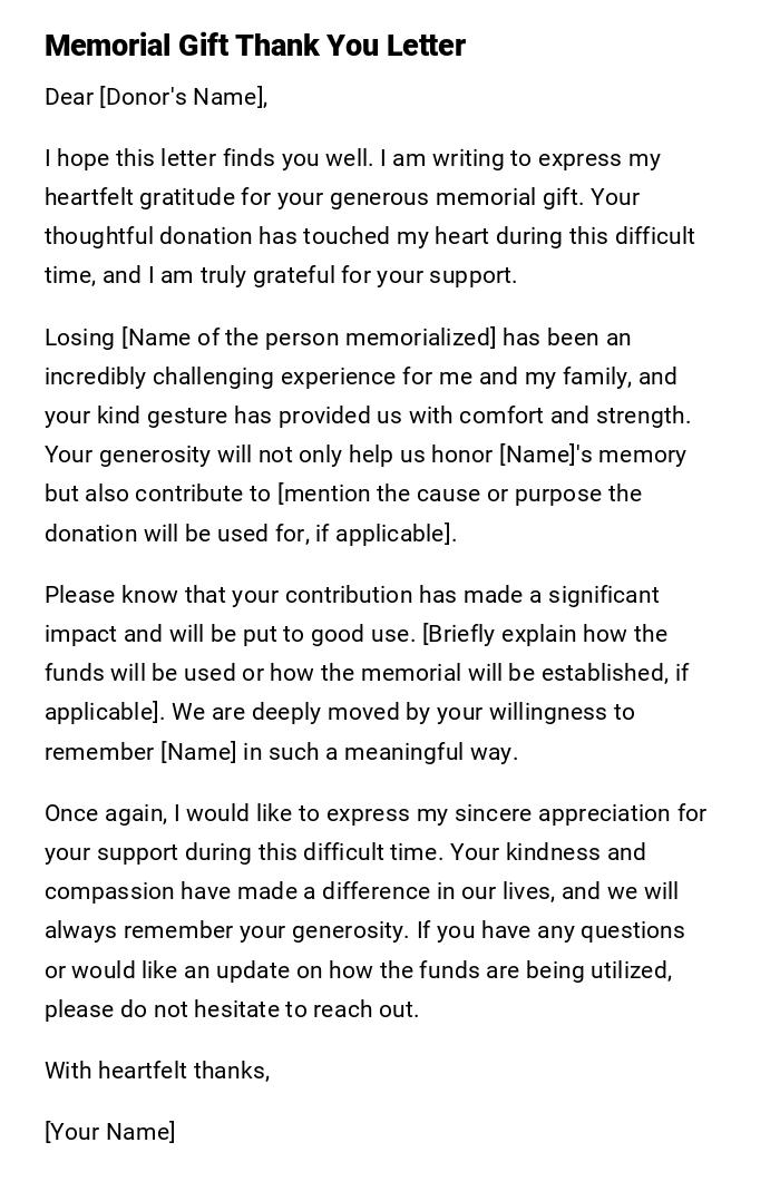 Memorial Gift Thank You Letter