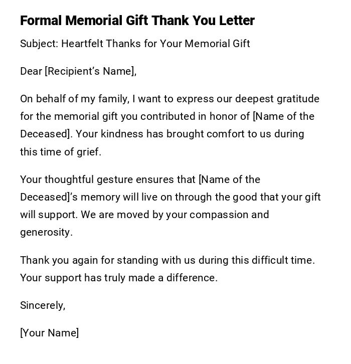 Formal Memorial Gift Thank You Letter Formal Memorial Gift Thank You Letter