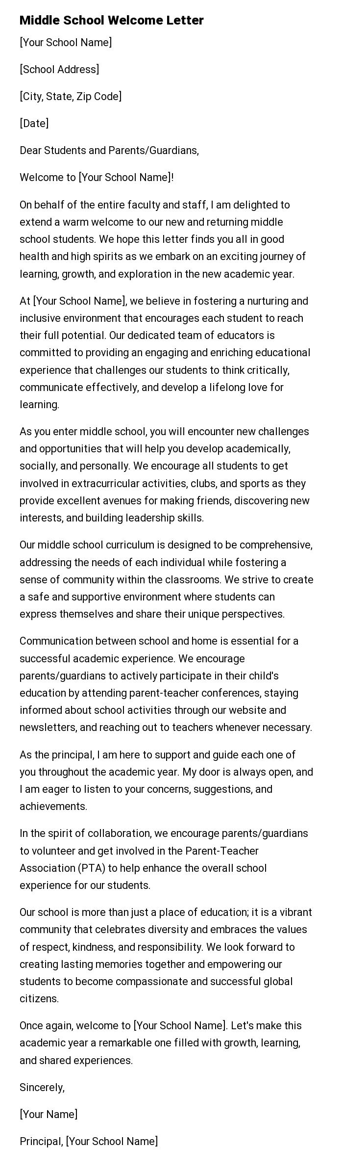 Middle School Welcome Letter