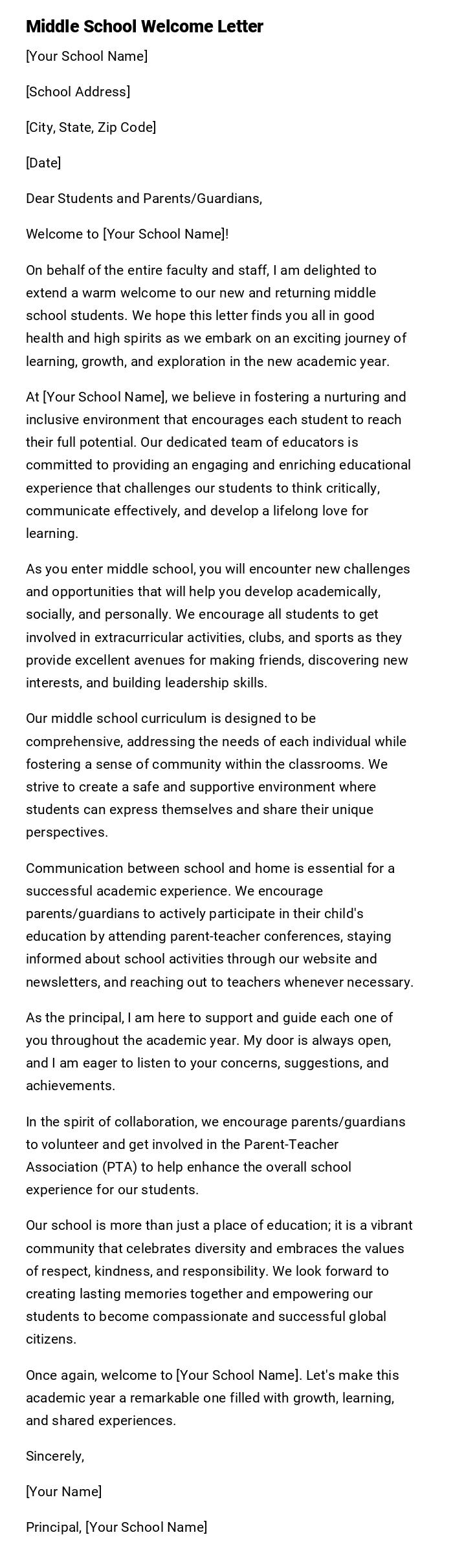 Middle School Welcome Letter