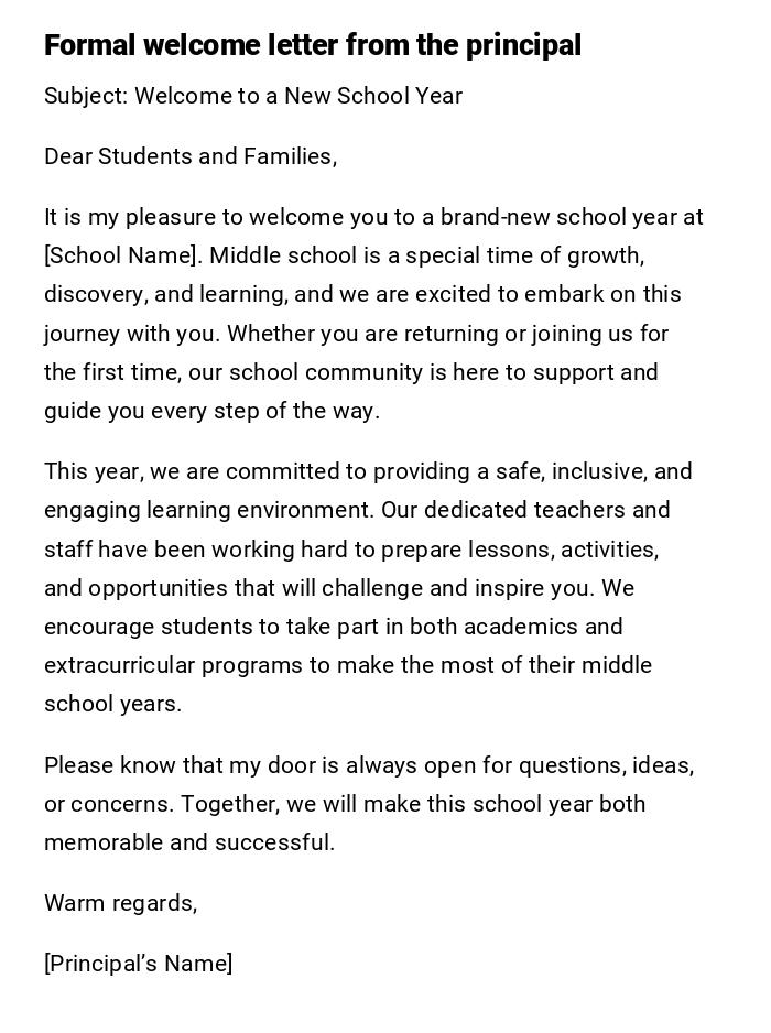 Formal welcome letter from the principal Formal welcome letter from the principal