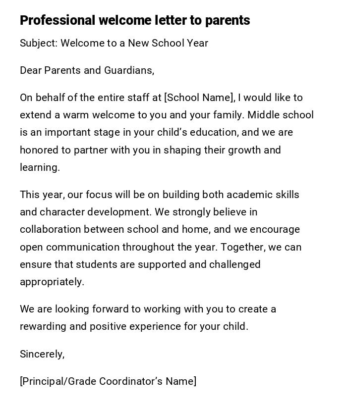 Professional welcome letter to parents Professional welcome letter to parents