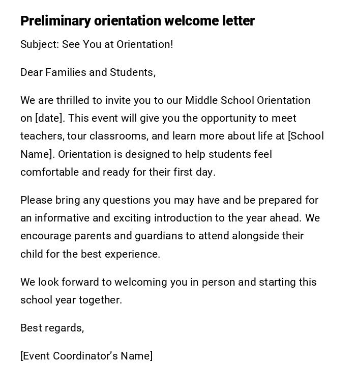Preliminary orientation welcome letter Preliminary orientation welcome letter