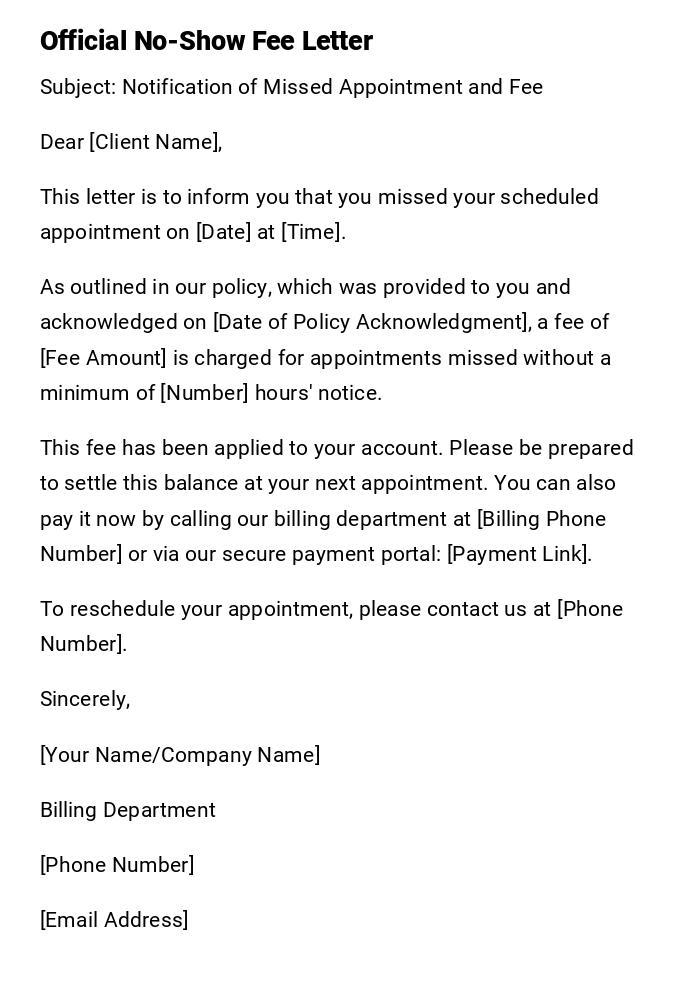 Official No-Show Fee Letter Official No-Show Fee Letter