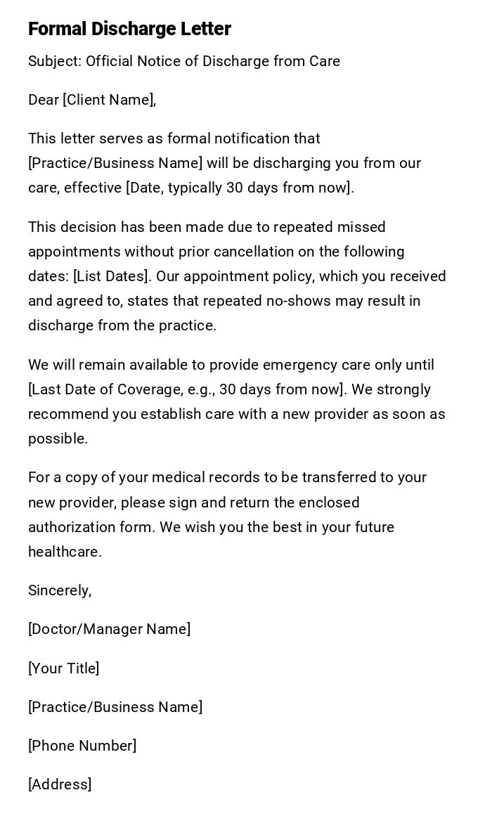 Formal Discharge Letter Formal Discharge Letter