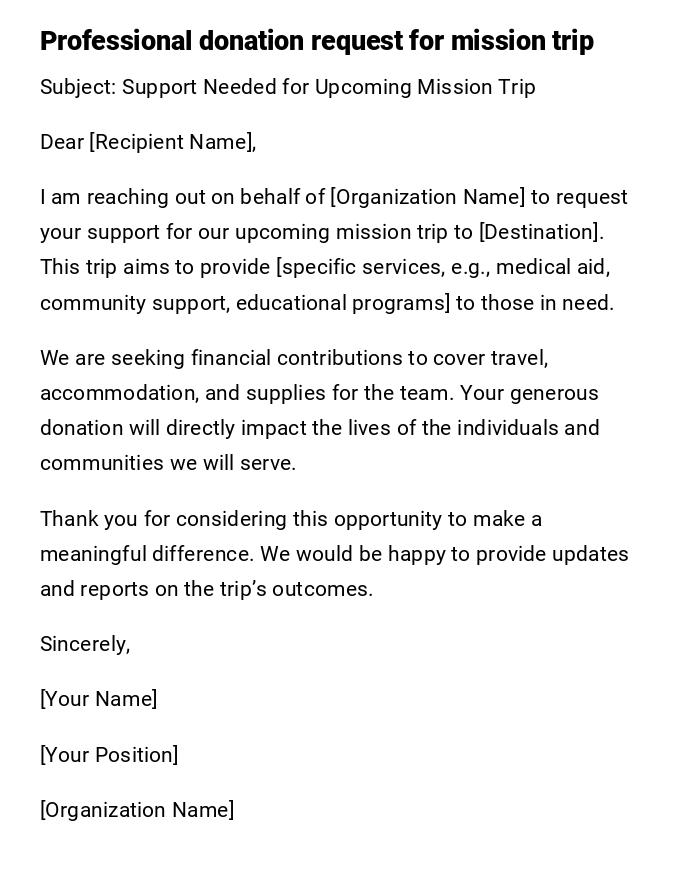 Professional donation request for mission trip