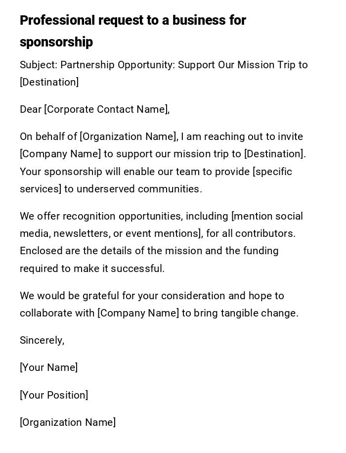 Professional request to a business for sponsorship