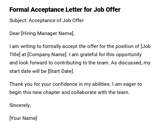 Formal Acceptance Letter for Job Offer Formal Acceptance Letter for Job Offer