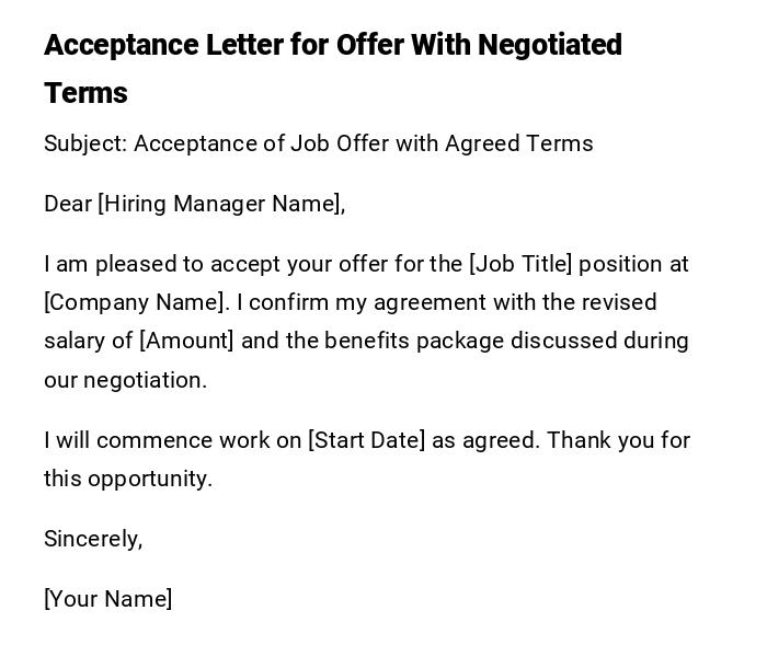 Acceptance Letter for Offer With Negotiated Terms Acceptance Letter for Offer With Negotiated Terms
