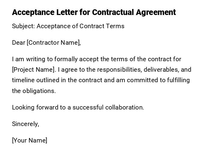 Acceptance Letter for Contractual Agreement Acceptance Letter for Contractual Agreement