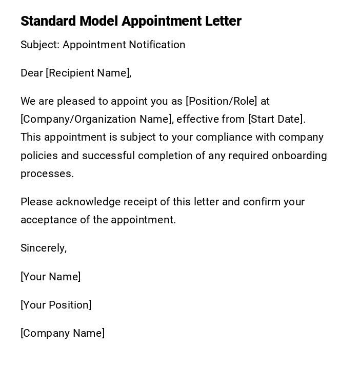 Standard Model Appointment Letter Standard Model Appointment Letter