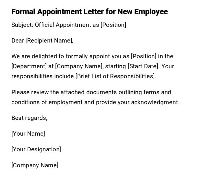 Formal Appointment Letter for New Employee Formal Appointment Letter for New Employee