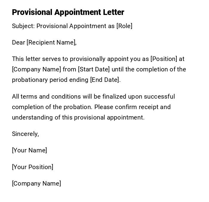 Provisional Appointment Letter Provisional Appointment Letter