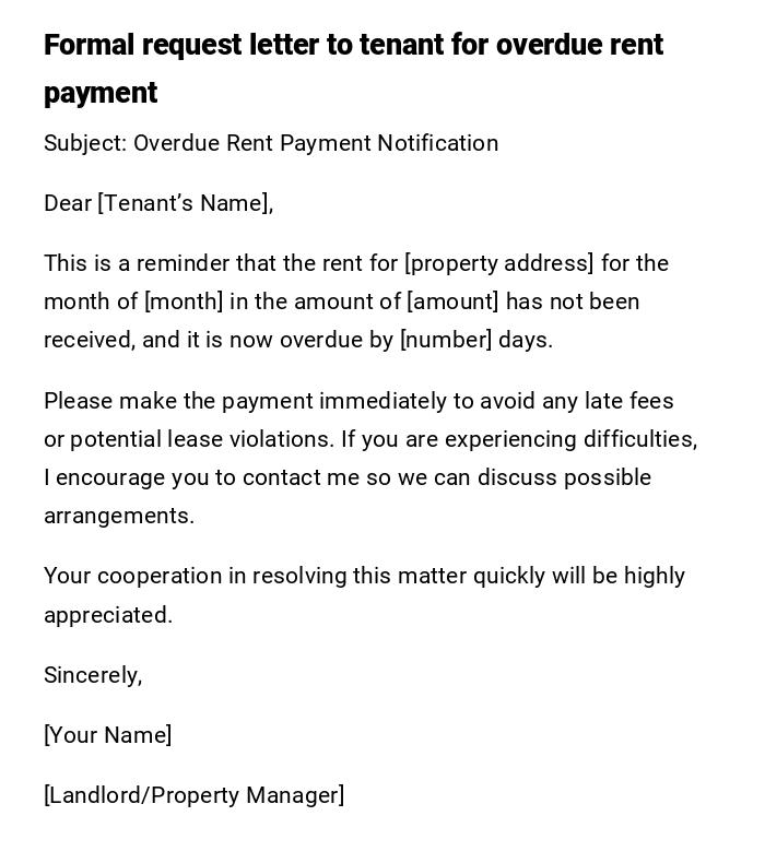 Formal request letter to tenant for overdue rent payment Formal request letter to tenant for overdue rent payment