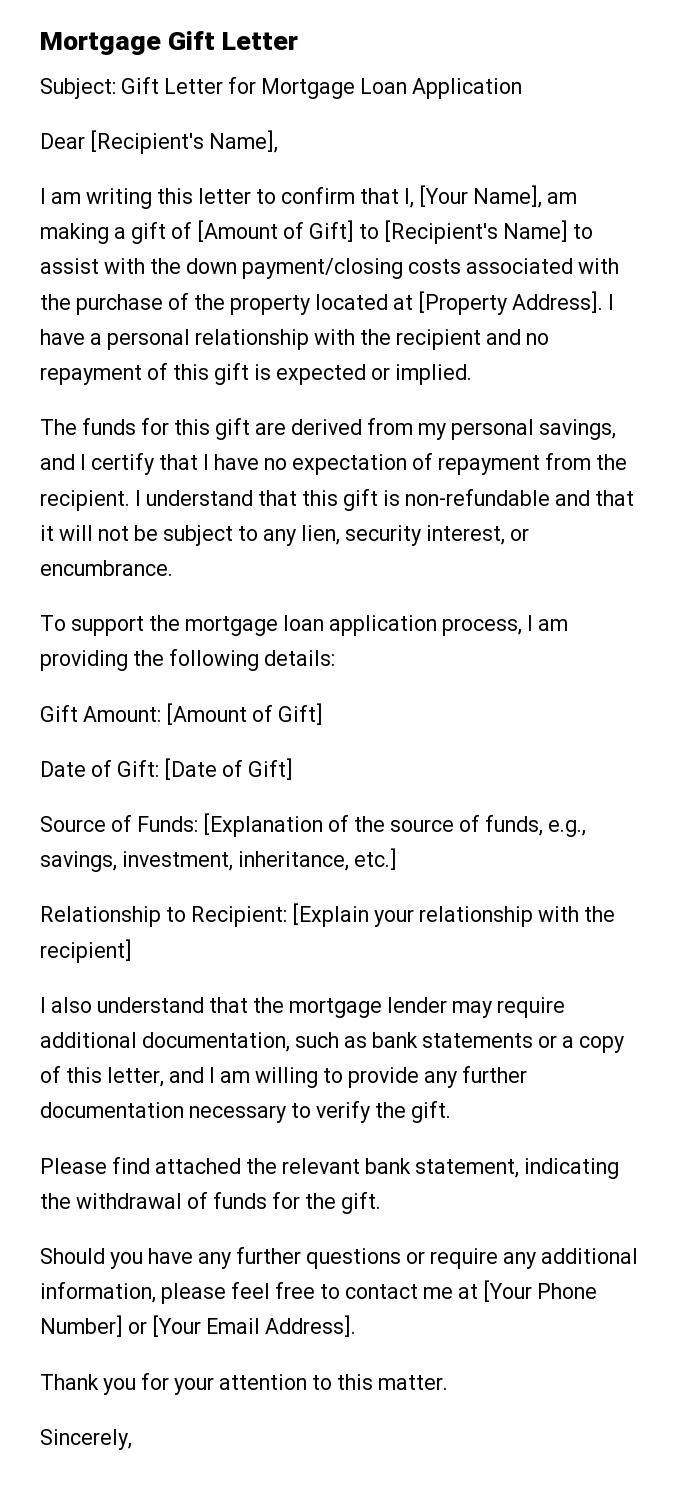 Mortgage Gift Letter