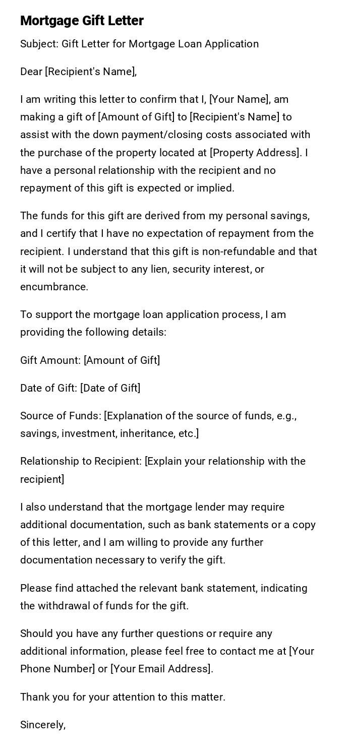 Mortgage Gift Letter