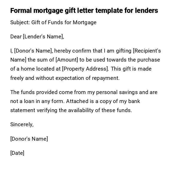 Formal mortgage gift letter template for lenders