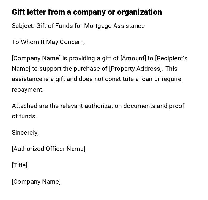 Gift letter from a company or organization
