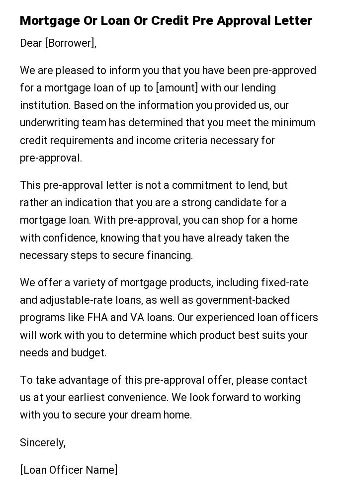 Mortgage Or Loan Or Credit Pre Approval Letter