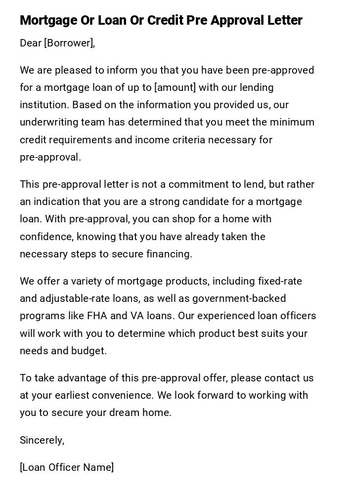 Mortgage Or Loan Or Credit Pre Approval Letter