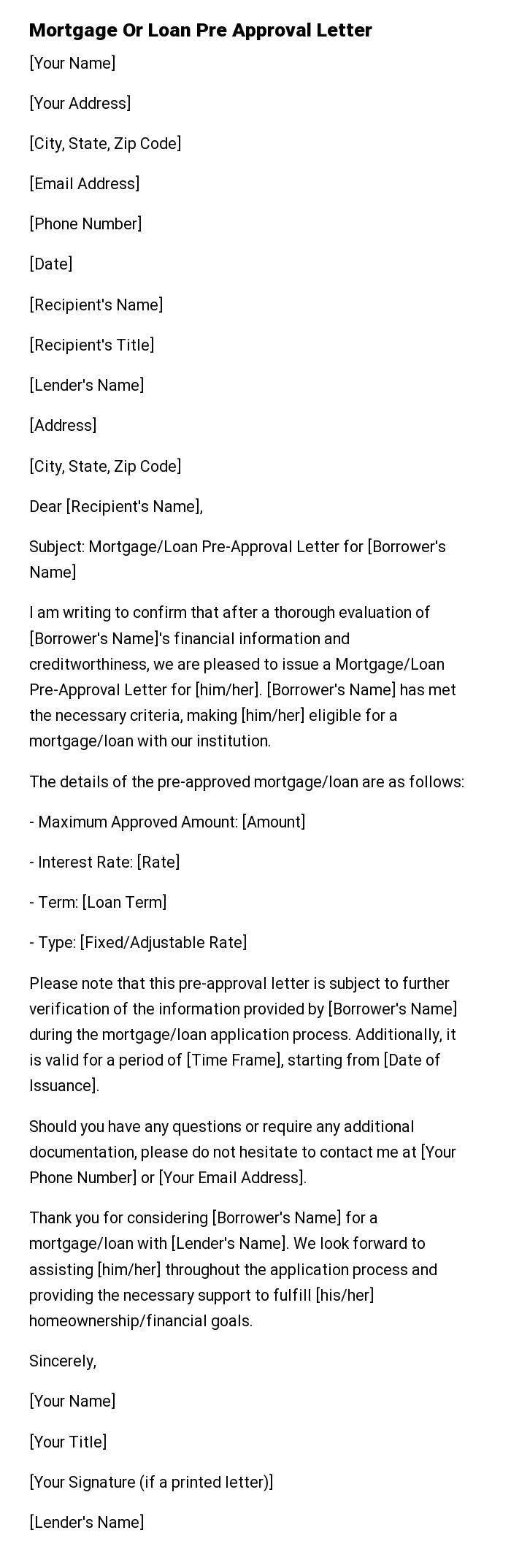Mortgage Or Loan Pre Approval Letter
