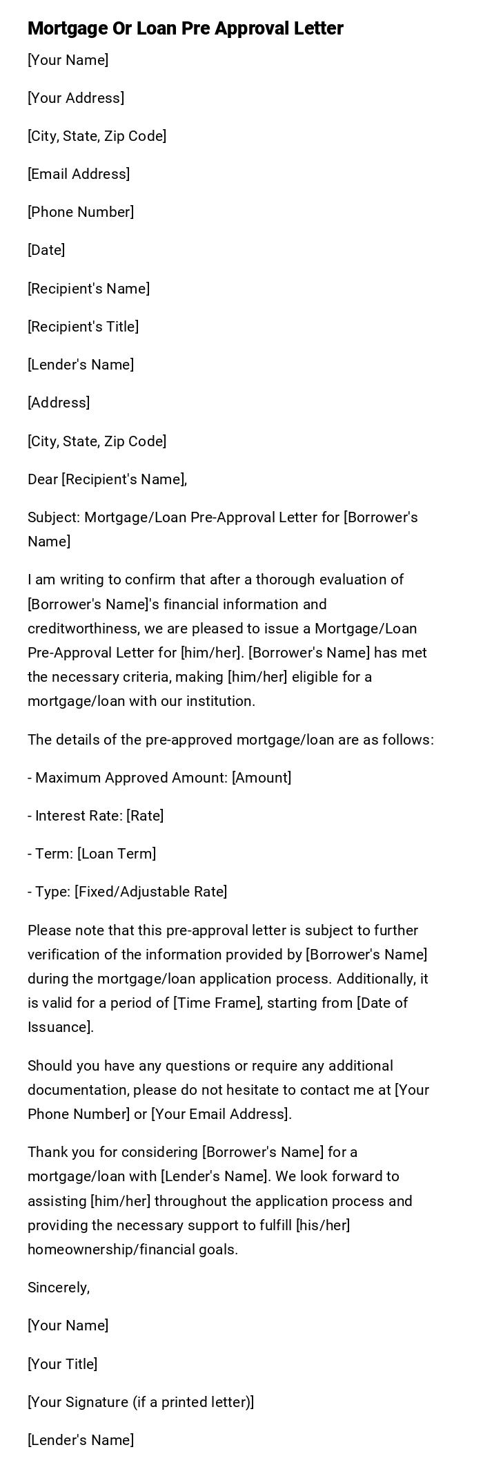 Mortgage Or Loan Pre Approval Letter