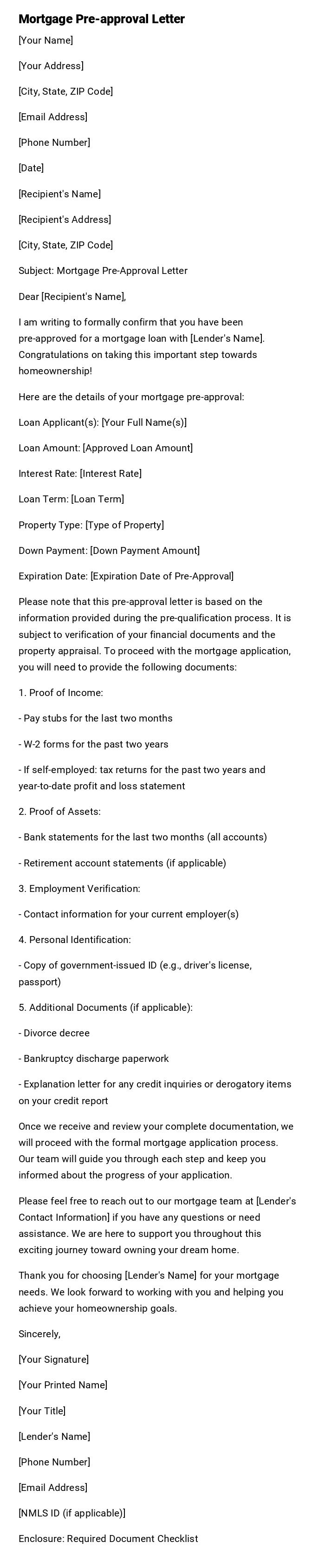 Mortgage Pre-approval Letter Mortgage Pre-approval Letter