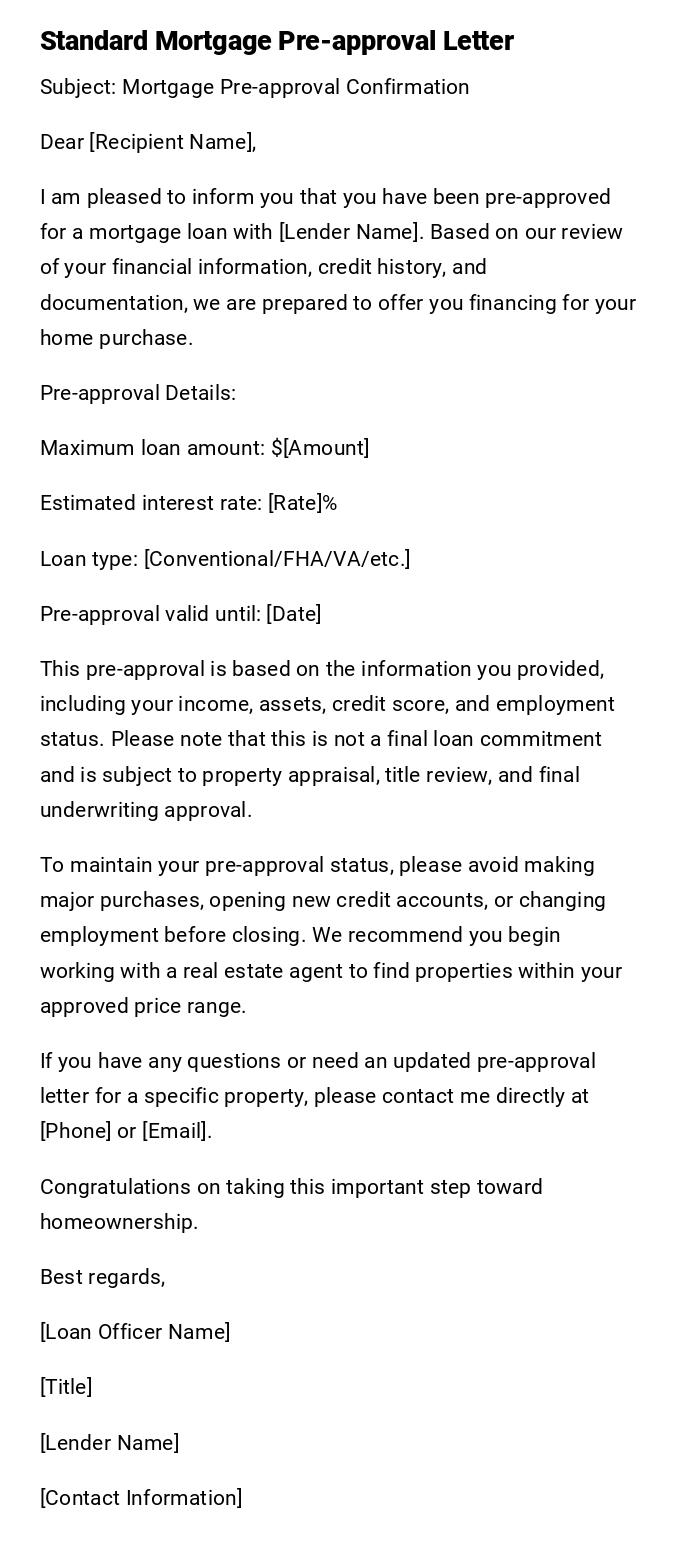 Standard Mortgage Pre-approval Letter Standard Mortgage Pre-approval Letter
