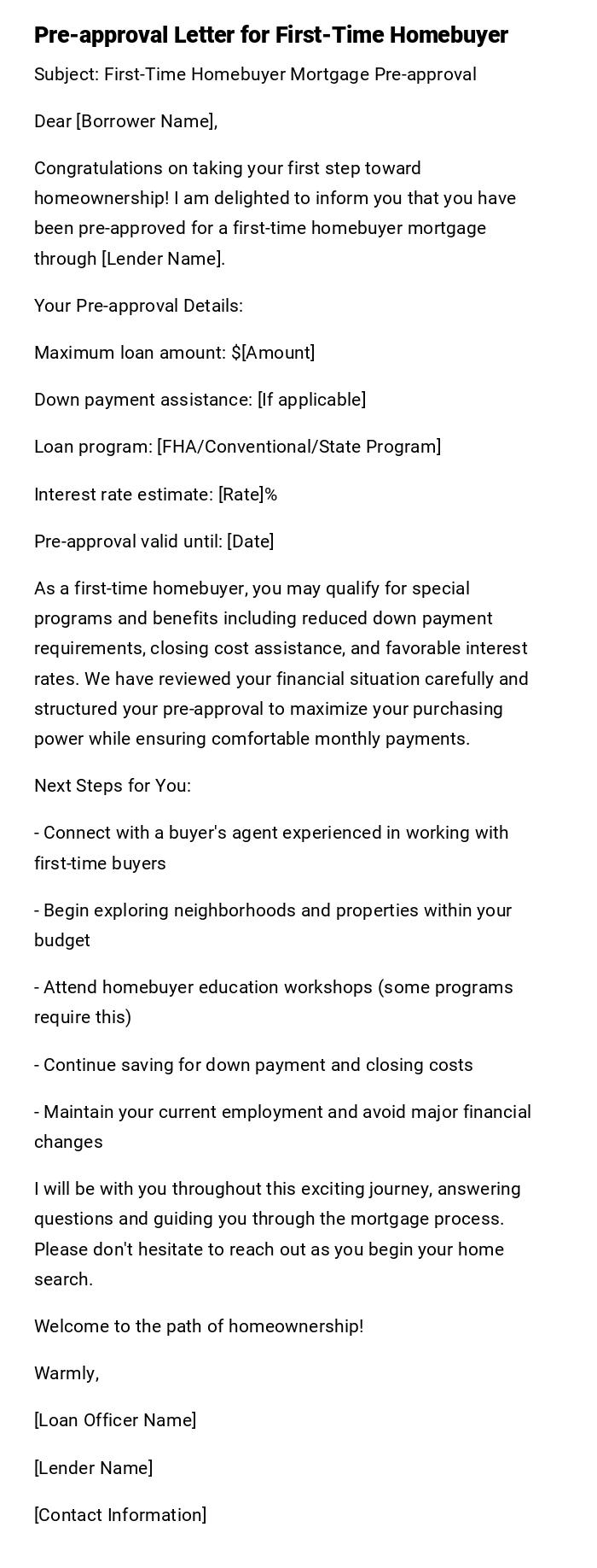 Pre-approval Letter for First-Time Homebuyer Pre-approval Letter for First-Time Homebuyer