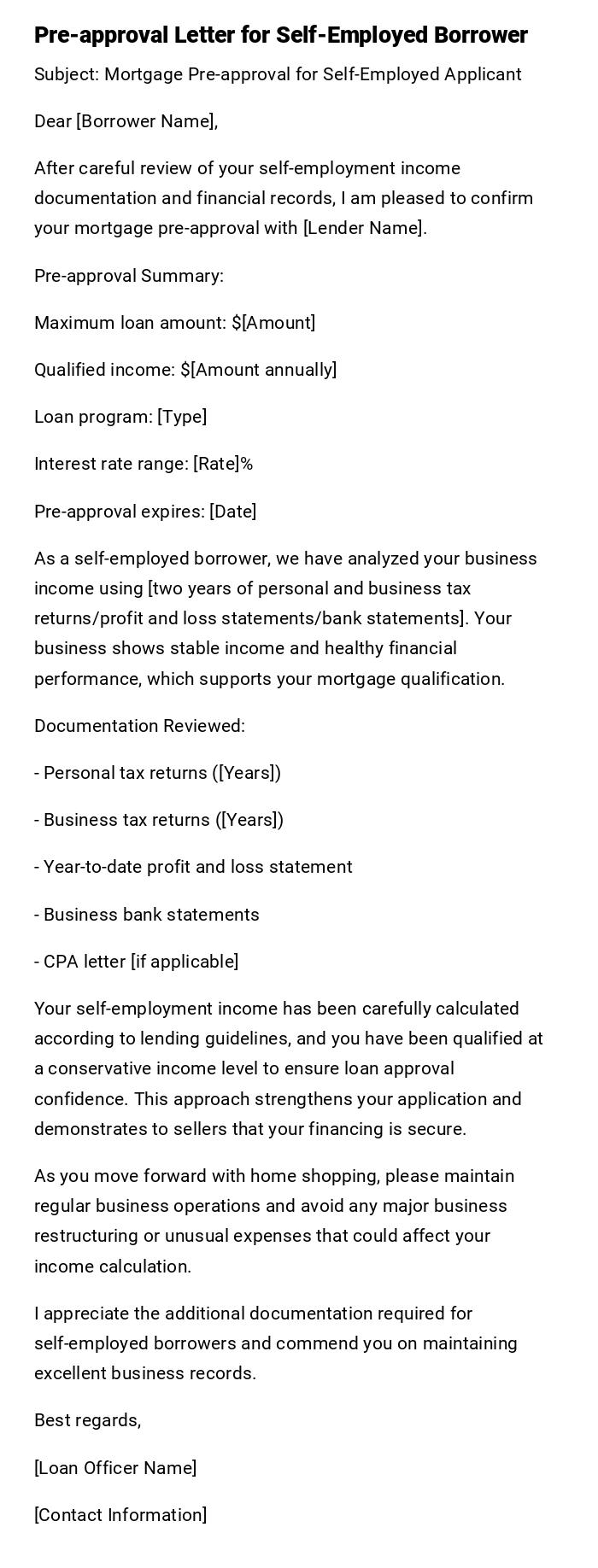 Pre-approval Letter for Self-Employed Borrower Pre-approval Letter for Self-Employed Borrower