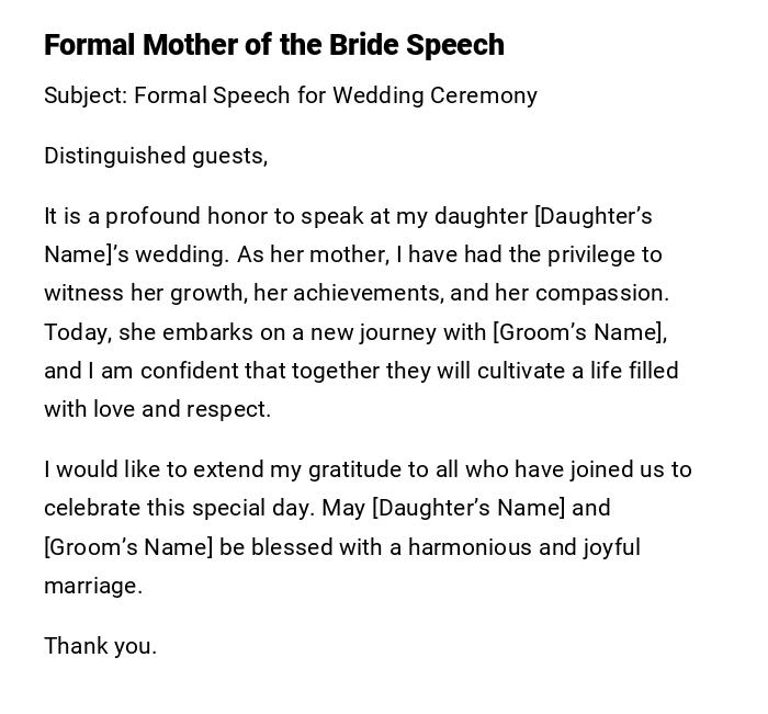 Formal Mother of the Bride Speech Formal Mother of the Bride Speech