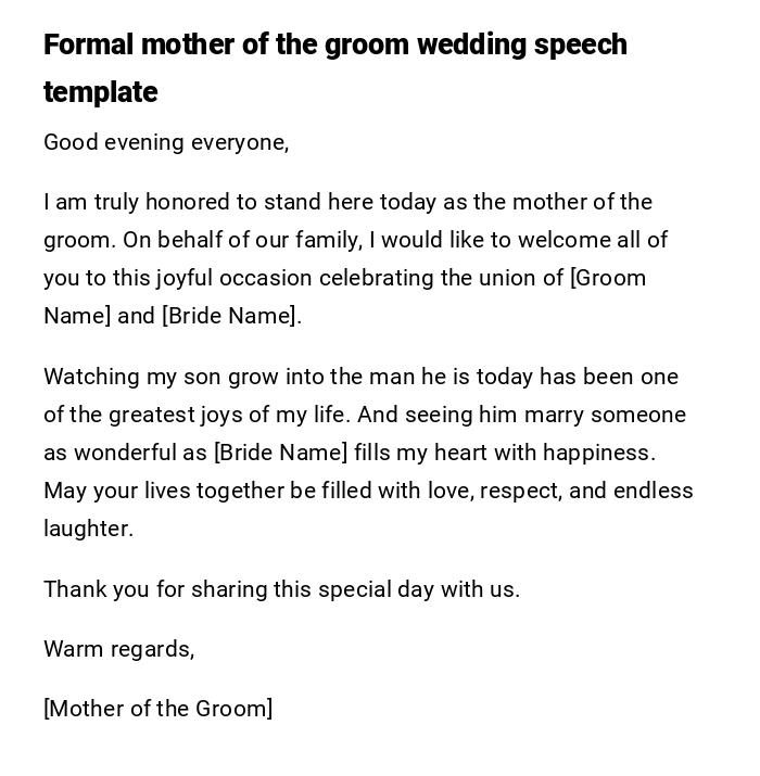 Formal mother of the groom wedding speech template Formal mother of the groom wedding speech template