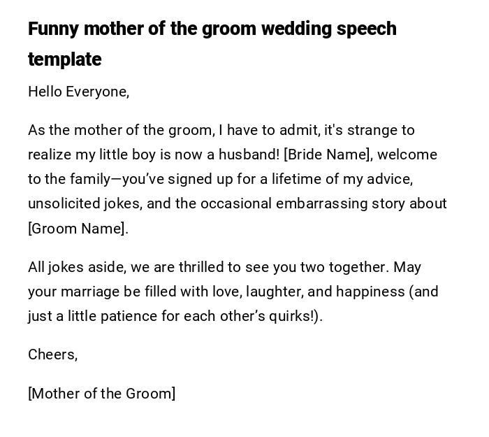 Funny mother of the groom wedding speech template Funny mother of the groom wedding speech template