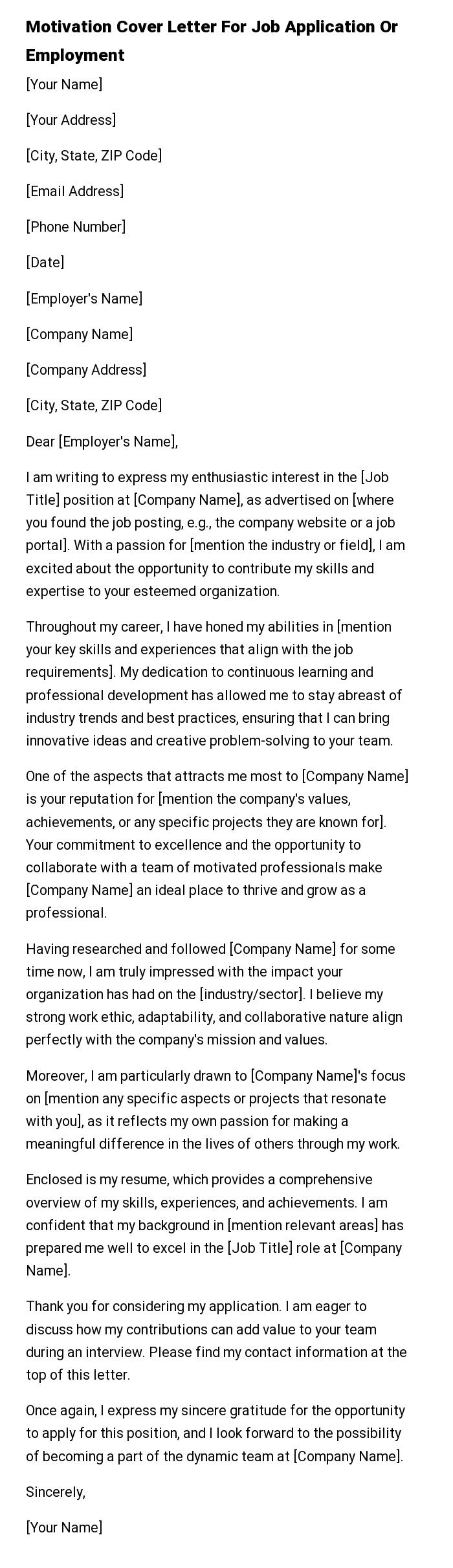 Motivation Cover Letter For Job Application Or Employment