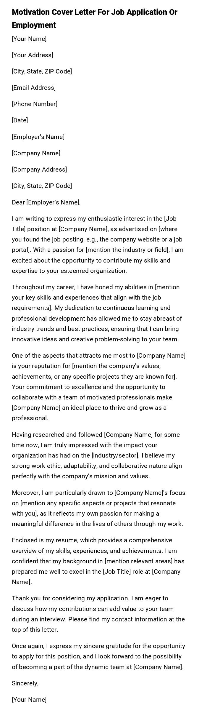 Motivation Cover Letter For Job Application Or Employment