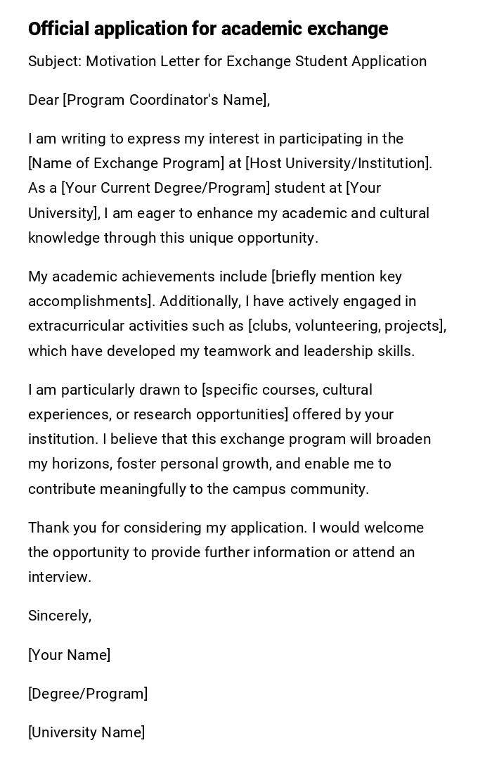 Official application for academic exchange